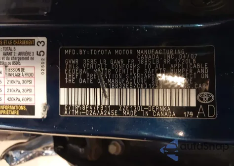 2007 Toyota Corolla Le from USA, damaged, VIN 2T1BR32E57C831258